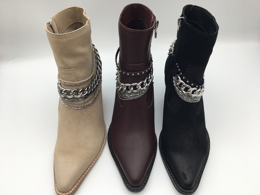 Niedrige Stiefel schwarzer weicher Nappaleder Frauen Kleidermit YKK-Reißverschluss, D-Clip Metallentwurf, feste hölzerne Ferse des Quadrats