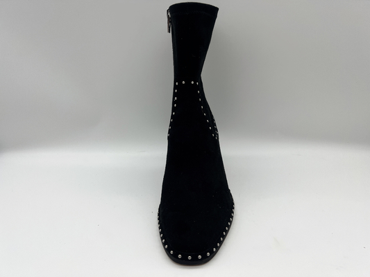 weiche Halbstiefel des Velourleders und Ausdehnung lycra Gewebe des Kleides schwarzer Frauen mit Metallreißverschlussentwurf, quadratische ABSferse
