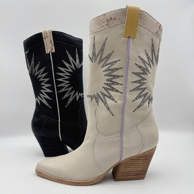 Stiefel weicher Litschikorn lederner Frauen Kleidermit Sonnenstickereimuster, klumpige Ferse der quadratischen ABS mit TPR-outsole