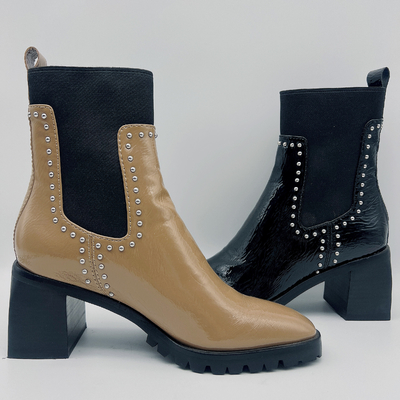 Das lederne Kleid der dauerhaften Frauen lädt kundenspezifisches schwarzes Kleid Tan Ankle Boots auf