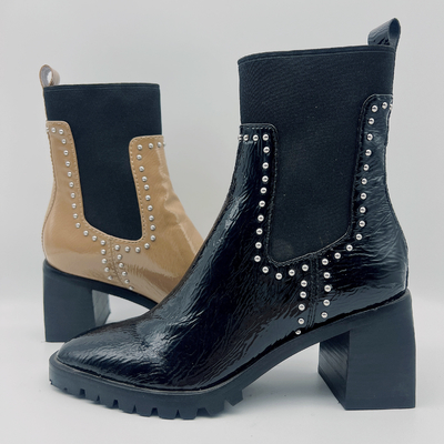 Das lederne Kleid der dauerhaften Frauen lädt kundenspezifisches schwarzes Kleid Tan Ankle Boots auf