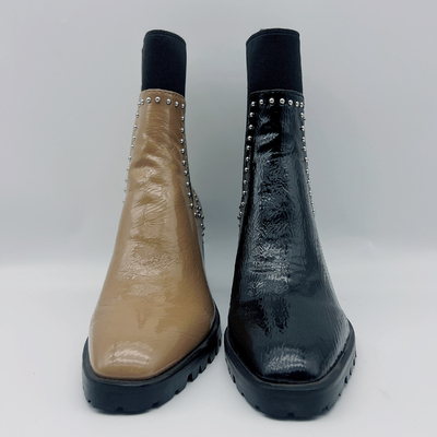 Das lederne Kleid der dauerhaften Frauen lädt kundenspezifisches schwarzes Kleid Tan Ankle Boots auf