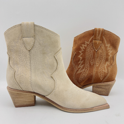Lederne Stiefel der Mode-Frauen Kleiderbrown/Beige mit Blumen-Stickerei