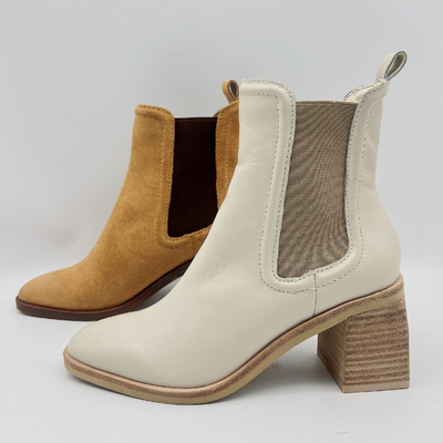 Runde Toe Ankle Boots Womens Leather-Kleiderstiefel Tan/Beige mit elastischem Band