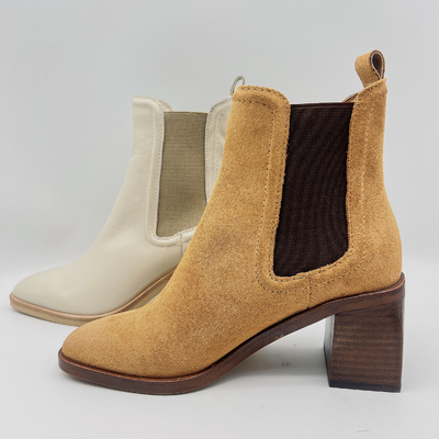 Runde Toe Ankle Boots Womens Leather-Kleiderstiefel Tan/Beige mit elastischem Band