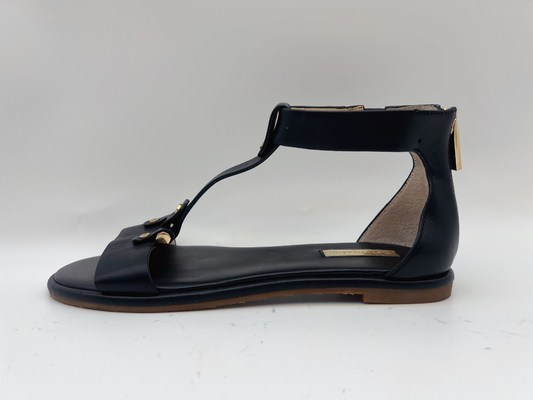Schwarzer T Bügel-flache Schuhe der Damen-lugen Toe Soft Nappa Genuine Leather Retro- Roman Sandals
