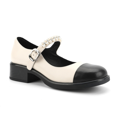 Rundkopf-Verpackungs-Toe Womens Leather Flat Shoes-Schwarzweiss-nähen