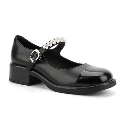 Rundkopf-Verpackungs-Toe Womens Leather Flat Shoes-Schwarzweiss-nähen