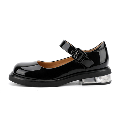 Bequemer schwarzer echter lederner Frauen-Schuh-Rundkopf Mary Jane Low Heels