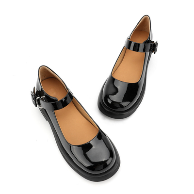 Bequemer schwarzer echter lederner Frauen-Schuh-Rundkopf Mary Jane Low Heels