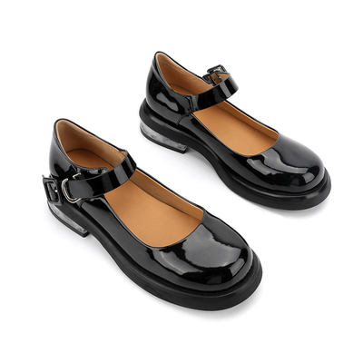 Bequemer schwarzer echter lederner Frauen-Schuh-Rundkopf Mary Jane Low Heels
