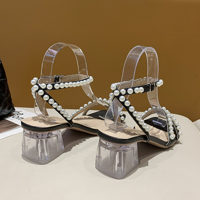 Transparente hohe quadratische Ferse starke Soled neue Dame Sandals Pearl Beautiful