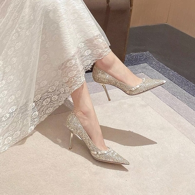 Frühlings-Damen-Hochzeits-Pumpen, Schaffell-goldene glänzende Perle Crystal Shoes