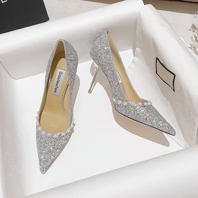 Frühlings-Damen-Hochzeits-Pumpen, Schaffell-goldene glänzende Perle Crystal Shoes