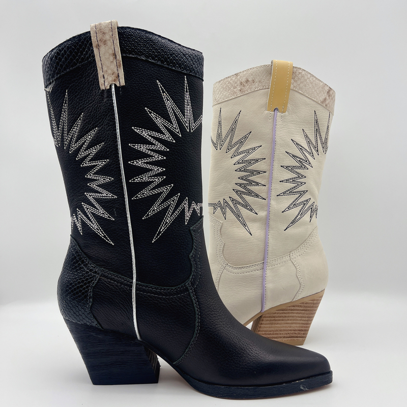 Stiefel weicher Litschikorn lederner Frauen Kleidermit Sonnenstickereimuster, klumpige Ferse der quadratischen ABS mit TPR-outsole